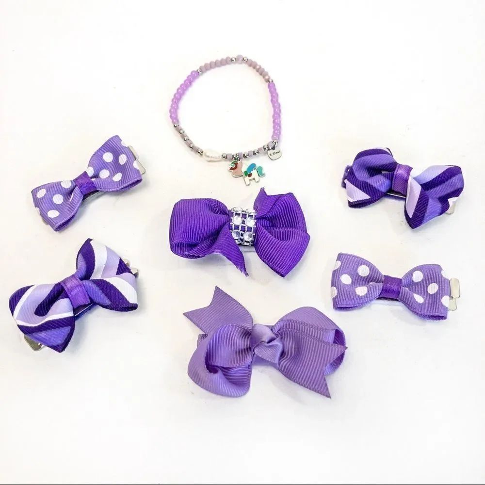 Purple Hair Bow Barettes Bundle with Unicorn Charm